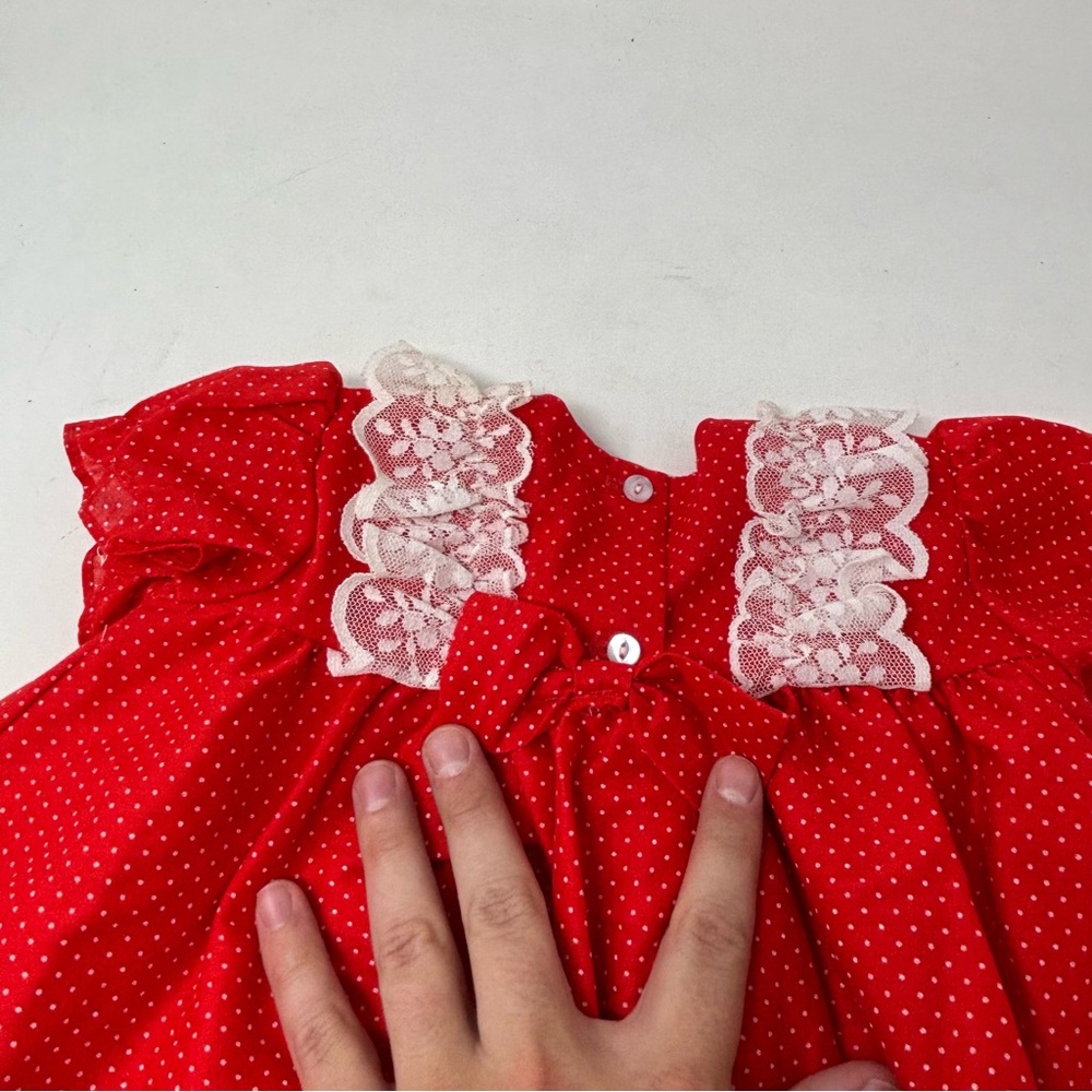 Mini World Vintage Red Lace Babydoll Polka Dot Dress Size 6-9 Months USA Made - Picture 7 of 9